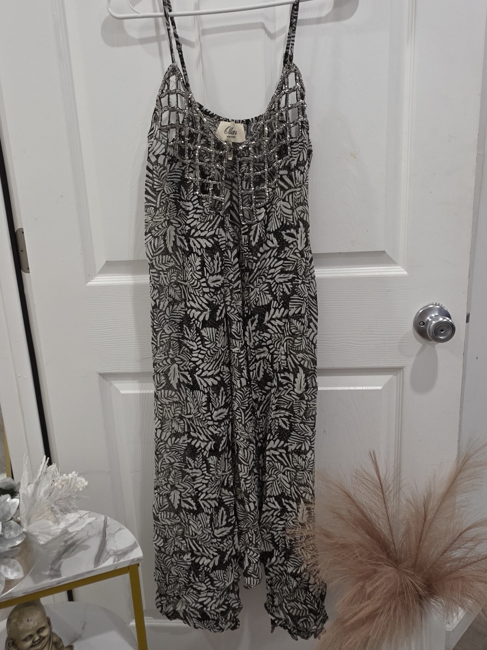 Ollari New York Beaded Leaf Print Maxi Dress